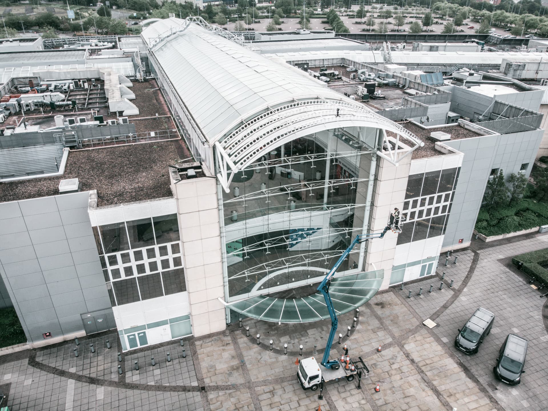 Aerial view of The Mall at Cribbs Causeway during work on the entrance canopy